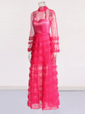 Elegant Style Dress 2025 Summer New Fashion Round-Collar Mesh Splicing High-End Perspective Cake Skirt