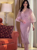 2025 Autumn New V-Neck Mesh Shalin Elegant Thin Lantern Sleeve Dress Woman