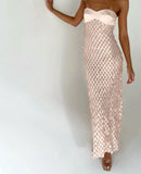 Spring And Summer New Pectoral Texture Fabric Lace Beads Dew Long Dress LX0154