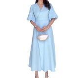 Women's Summer V Tie With Bubble Sleeve High Waist Slim Slim Dress