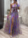 New Party Mesh Slanted Shoulder Dress INS Casual Fashion Dress Women HZ0628