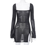 Women's Clothing 2025 Spring And Summer New Net Mesh Long Sleeve Open Fork Short Dress Woman DJPT