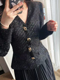 Luxury Black Little Fragrant V-Neck Blouse In The Fall Of 2024, The New Temperament Of The 100-Folded Skirt Two-Set