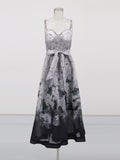 Sling Skirt Crumm Flower Ink High-End Long Dress 2025 New Tice With Waist Lotus Leaf Swing Dress Women's Summer
