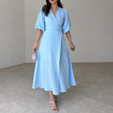 Women's Summer V Tie With Bubble Sleeve High Waist Slim Slim Dress