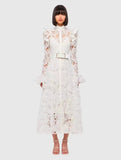 French Retro Elegant Style Embroidery Dress Collared Cardigan High-Waist A-Shaped Dress