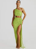 Irregular Shoulder Wrinkled Chest Skirt Woman 2025 Summer New Sexy Bare-Backed Rope Open Fork Dress HZ0628