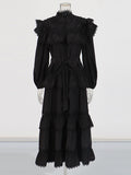 Dream Collar Wood Ear Folding Single Row Buckle Dress 2025 New Women's Summer Long Sleeves Pure Color Dress Dress Girl