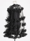 Famous Yuanfeng 2025 Summer New Round-Necked Long Sleeve Net Yarn Perspective Wood-Eared Splicing Design Dress Dress Woman