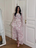 2024 Summer Chiffon Flower Leaf Sleeves Long-Sleeves Illustuff Irregular Dress