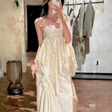 Folded Design Dress Dress Dress Female French Holiday Atmosphere Sling Skirt Two Sets