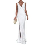 2024 Women's Sexy Beach Wind Hanging Neck Deep V Bare Back Strap Long Textured White Dress