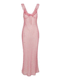 Vintage Sweet Red Lattice Dress Female Deep V Collar Sexy Bare Back Sling Long Skirt