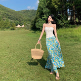Holiday Style Suit French Rope Smear Vest Top Woman Summer Blue Floral Half Dress Two Sets