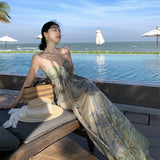 Sling Dress Women's Summer Mesh Printing Temperament Is Skinny Seaside Holiday Dress Dress