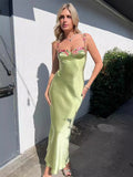 Summer New Green Flowers Embroidered Low-Breasted Sling Dress Women's Seaside Holiday Babes Ass Skirt