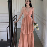 And Sexy Hanging Neck Sling Dress Summer Temperament High-End Seaside Holiday Dress Waist 100 Folded Skirt