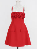High-End Sling Dress 2025 Summer New Simple Wind Three-Dimensional Flowers Spliced Solid Color Short Skirt Woman