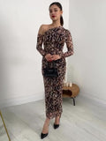 2024 New Leopard-Print Twilled Long-Sleeved Long Temperament Dress Woman