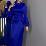 Women's New Round-Neck Lantern Sleeve Dress Side Belt With Body-Repair Dress Dress