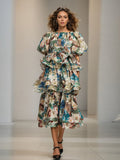 Retro Idyllic Cake Dress 2025 Summer New Multi-Layer Lotus Leaf Side Bubble Sleeve Print Dress Dress Woman