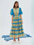 Autumn New French Retro Printing Splicing Process Single Buckle Belt Belt Waist Long Dress Dress Woman