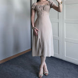 Women's Summer Collar Bubble Sleeve With High Waist Repair Fork Sexy Long Dress