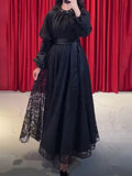 Retro Wind Collared Diamond Splicing Dress 2025 New Women's Summer Lace Yarn Dress