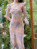 Oil Painting Pink Dress Women's New Summer Temperament To Collect Waist Thin Sling Skirt Holiday Long Broken Floral Dress HZ0628