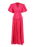 Retro Bubble Sleeve Rope Waist-Waisted Dress 2025 Summer New Folding Splicing Solid Color Dress Dress Women's Dress