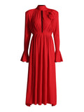 Spring New 2025 Three-Dimensional Flower Decoration Shoulder Horn Sleeve High-Waist Opening Dress Woman