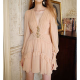 South Oil Flower Diamond Luo Waist Deep V Dress Gentle Flowing Short Dress 2024 New