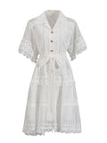 Temperament Vintage Short Dress 2025 Summer New Collar Embroidered Hollow Lace Dress Dress Woman