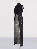 Women's Clothing 2025 Spring Personality Standing Sleeveless Open Forked Perspective Knitting Sexy Long Top