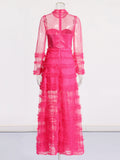 Elegant Style Dress 2025 Summer New Fashion Round-Collar Mesh Splicing High-End Perspective Cake Skirt