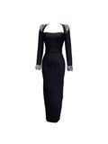 Autumn/Winter Dress French Women's Dress Handmade Color Diamond Long-Sleeved Collar Knitted Evening Dress