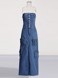 Girls Street-Wind Cowboys Breast-Clovy Dress 2025 Spring Vintage Personality Design Sense-Forked Long Dresses