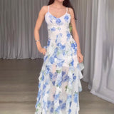 Women's Summer Sling Dress Crumped Floral Skirt High Waist Quality Fairy Holiday Dress