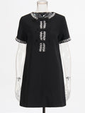 Diamond Drill Skirt 2025 Summer New Round Neck Short Sleeves Solid Color Waist Dress Dress Woman