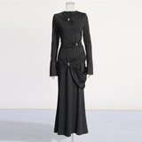 Temperament Famous Wind Style T-Shirt Dress 2025 Spring New Round Collar Kinesge Metal Buckle Folded Knitted Dress Woman