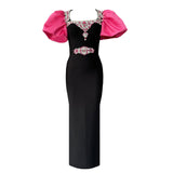 New Heavy Industry Diamond-Stuffed Temperament Rose Red Bubble Sleeve Banded Dress Banquet High-End Evening Dress