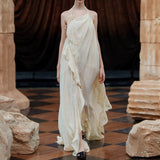 New Lotus Leaf Side Collar Hanging Neck-Loan Dress Seaside Holiday Atmosphere Dress