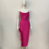 Open Fork Bra Feather Bandage Repair Body Elastic Party Mid-Long Dress Dress Dress