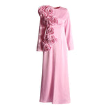 Wind Party Dress 2025 Summer New Round Neck Side Three-Dimensional Flowers Decorated Solid Color Repair Dress Dress Woman