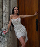 Desire To Rub Delicate Lace Fish Bone Gird Waist Tight Dress Sexy High-End White Dress Birthday Party Dress
