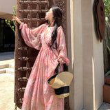 And Autumn 2024 New Pink Long-Sleeved Broken Flower V-Neck Dress To Close The Waist Lantern Sleeve Holiday Beach Skirt