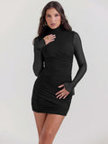 Fashion Sexy Round-Neck Long-Sleeved Perspective Solid-Color Bag Hip Short Dress