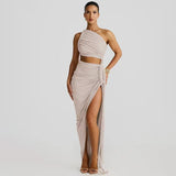 Irregular Shoulder Wrinkled Chest Skirt Woman 2025 Summer New Sexy Bare-Backed Rope Open Fork Dress HZ0628