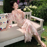 Bubble Sleeve Chiffon Flower Hanging Dress Women Summer Seaside Holiday Super Fairy Long Dress