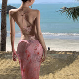 Girl Sexy Temperament Butterfly Sling Dress Fashionable Holiday Style Splicing Big Bare Back Hanging Neck V Collar Bag Buttice Skirt